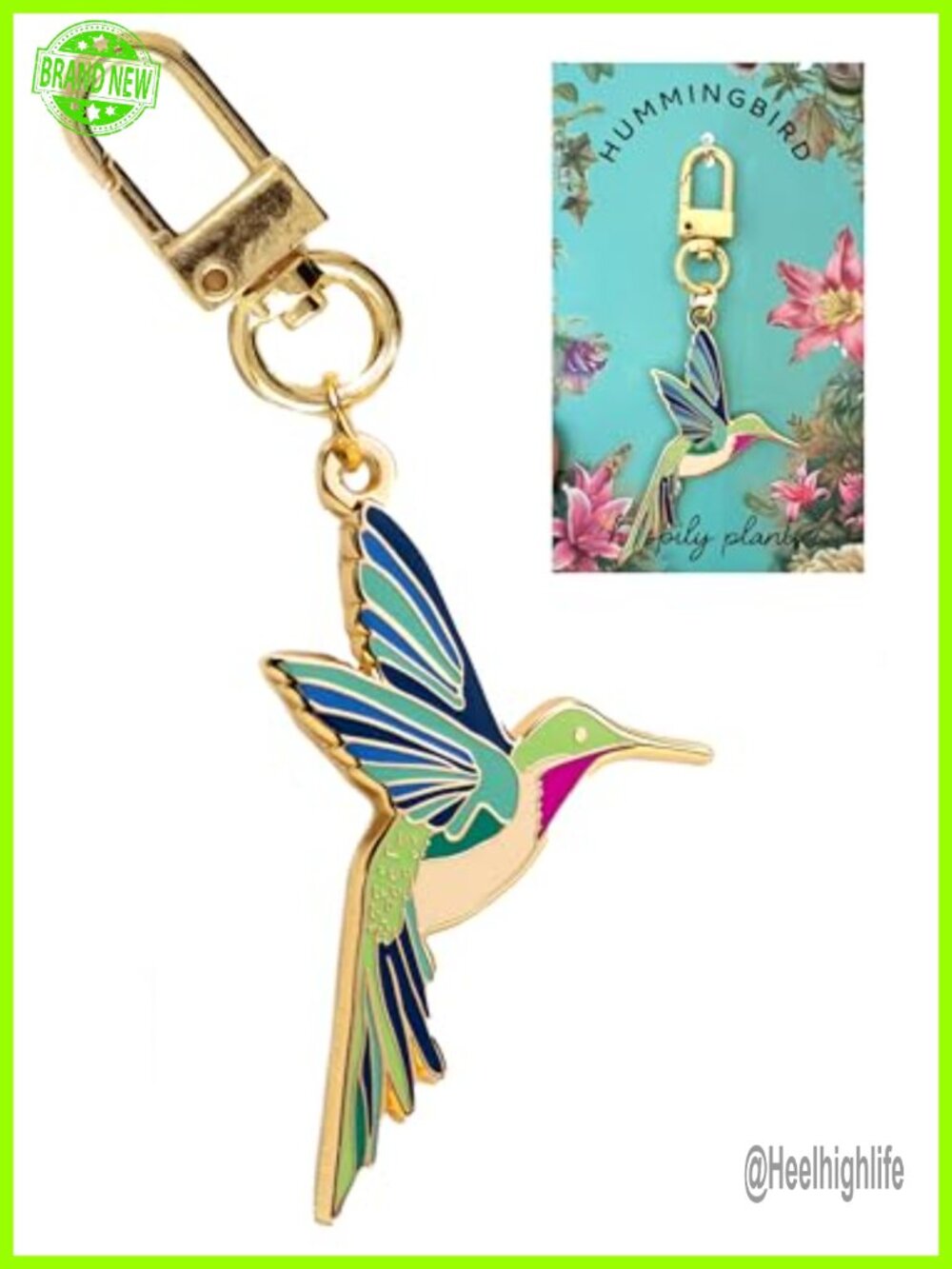 Hummingbird Keychain Bag Charm Gold Finish Hard Enamel Bird Lover Gift